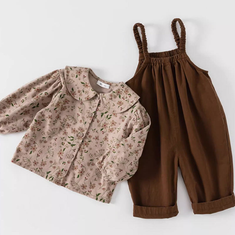 brown overall & flower pattern blouse