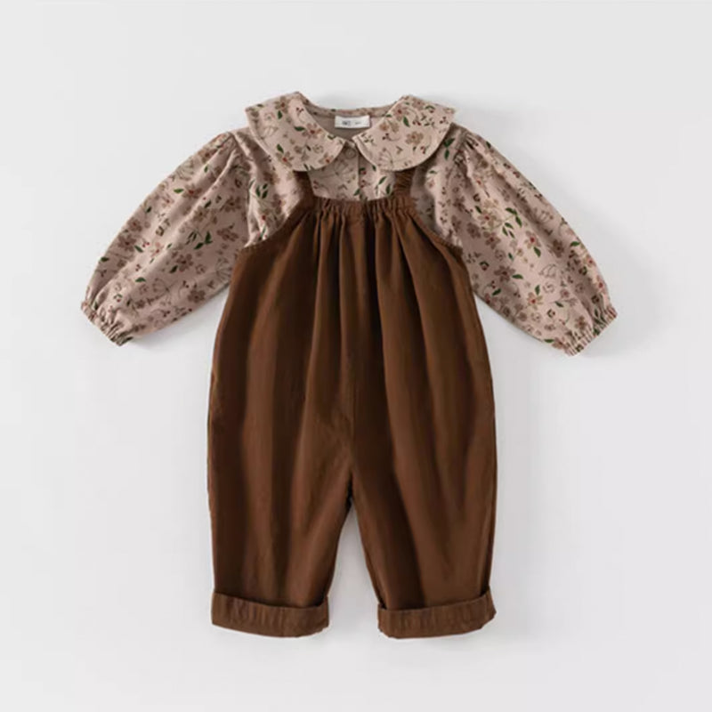 brown overall & flower pattern blouse