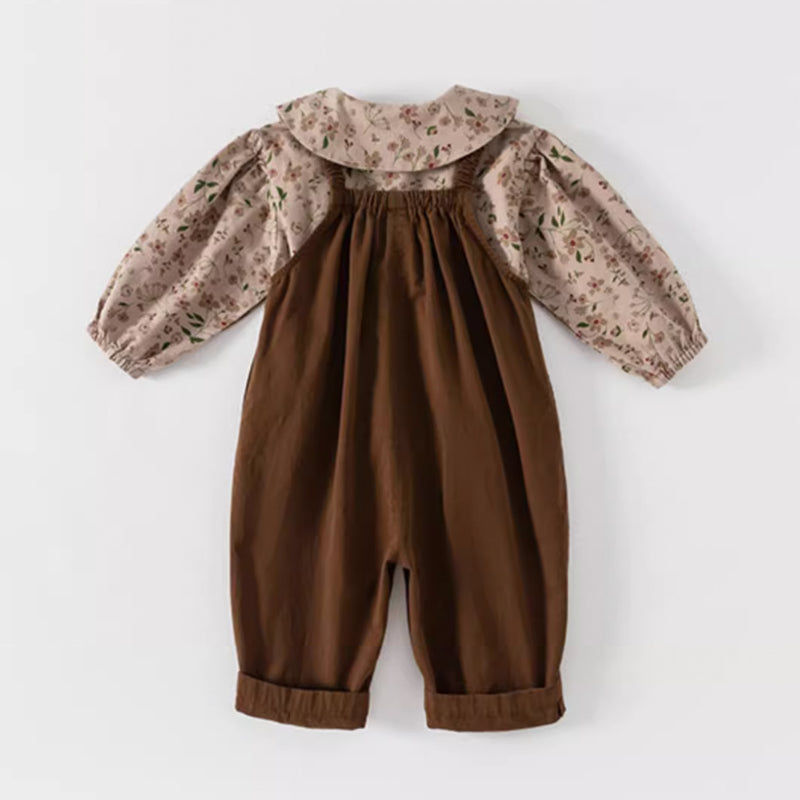 brown overall & flower pattern blouse