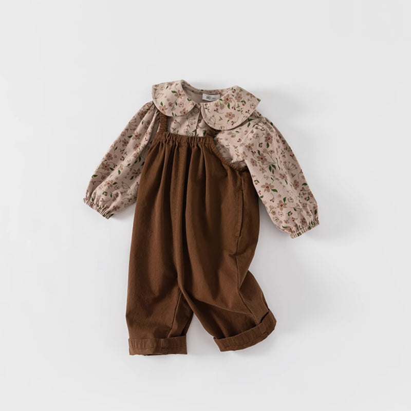 brown overall & flower pattern blouse