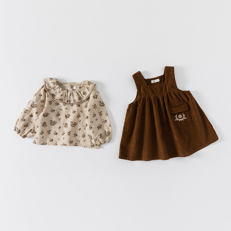 corduroy one-piece & flower pattern blouse