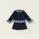 navy pearl cardigan & pleats skirt set