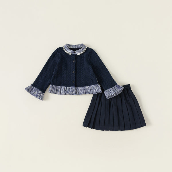 navy pearl cardigan & pleats skirt set