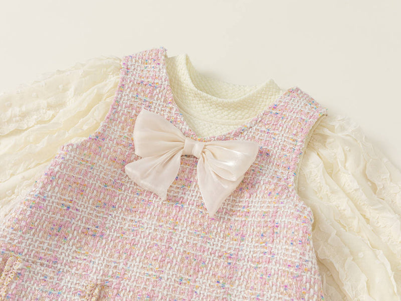 puff blouse & pink tweed ribbon one-piece