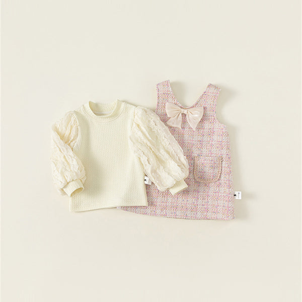 puff blouse & pink tweed ribbon one-piece