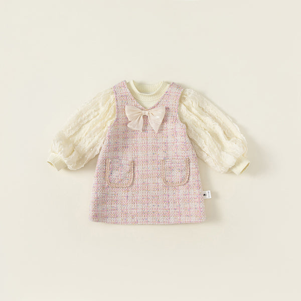 puff blouse & pink tweed ribbon one-piece